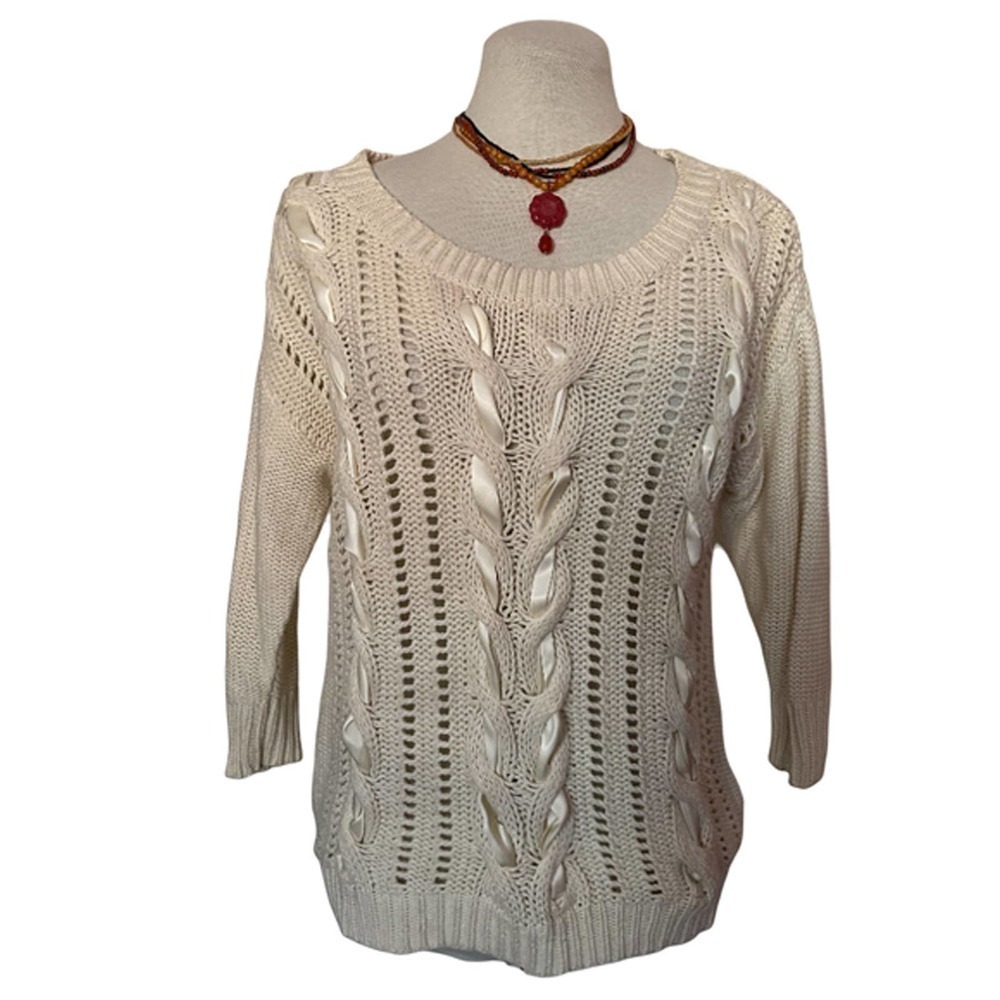 ❤️ Lauren Conrad Loose Cable Knit Cream 3/4 Sleeve Sweater Women's Size S